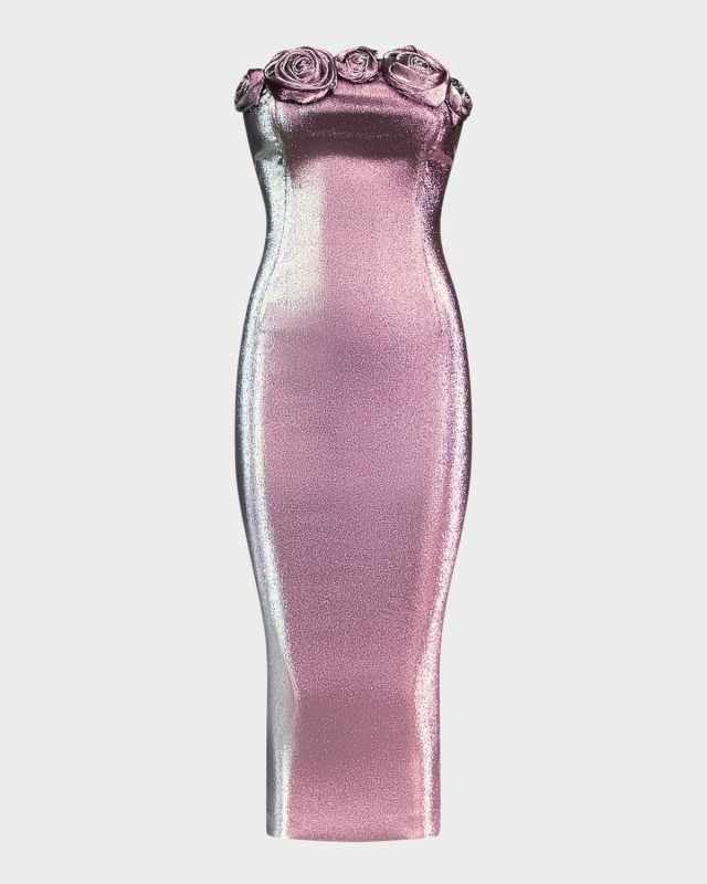Strapless Lame Rosette Midi Dress